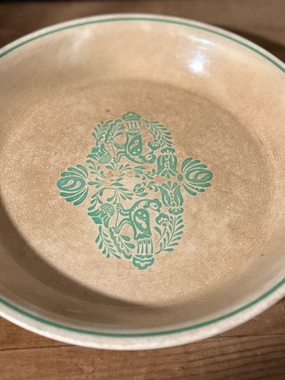 Vintage Oven Proof Bowl Green Floral Pattern Farmhouse Cottage Kitchen Dish